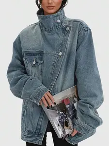 Women's Vintage Washed High Neck Asymmetric Button Loose Denim Jacket, Street Style Fashion Versatile Jacket Top, Suitable For Spring, Autumn And Winter Seasons