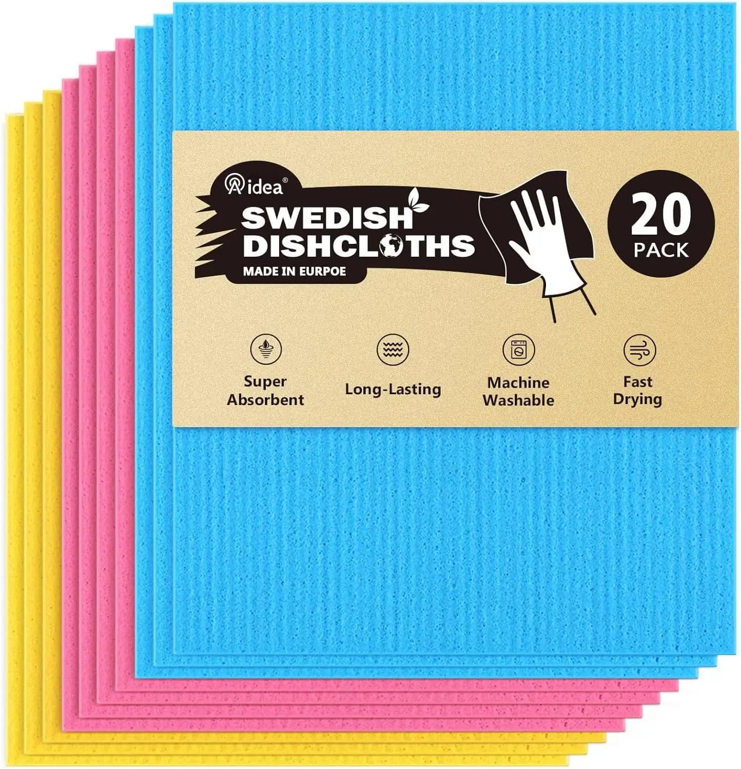 20-Pack AIDEA Swedish Dishcloths, Reusable Eco-Friendly Kitchen Washcloths, 7"×6" Cellulose Sponge Cloths