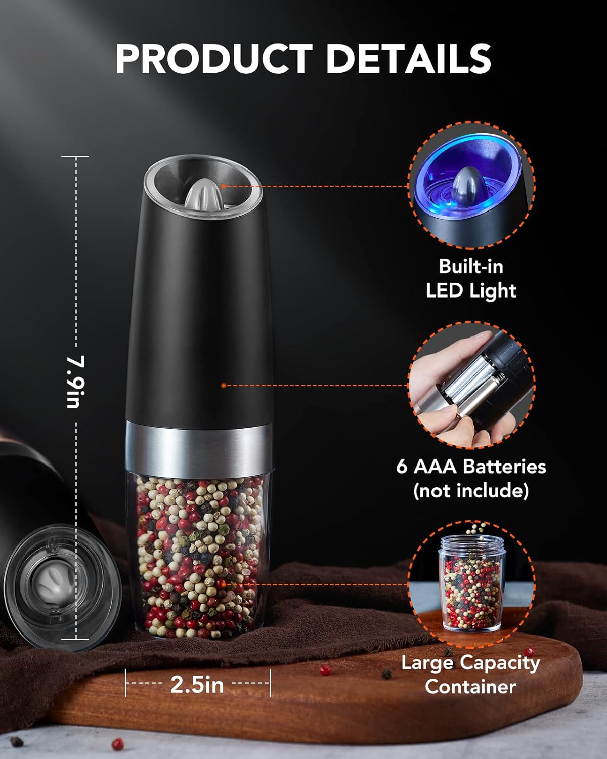 Gravity Electric Salt and Pepper Grinder Set with LED Light, Adjustable Coarseness, One Hand Operation, Upgraded Capacity Kitchen Seasoning Utensils Battery Powered Convenience Gravity Electric Salt and Pepper Grinder Set with LED Light, Adjustable Coarseness, One Hand Operation, Upgraded Capacity Kitchen Seasoning Utensils Battery Powered Convenience