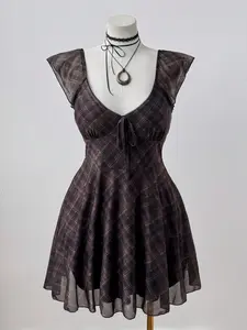 Sweetra Plus Size Plaid Square Neck Dress – Boho Vintage Cap Sleeve Summer Dress for Women