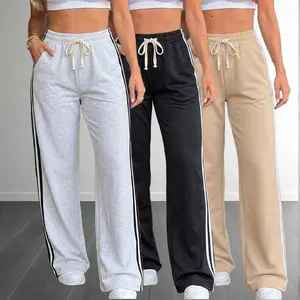 Women’s basic minimalist side-striped straight-leg casual athletic pants with elastic waistband and drawstring, 3-pack Womenswear Bottom Bridal fathersdaygift