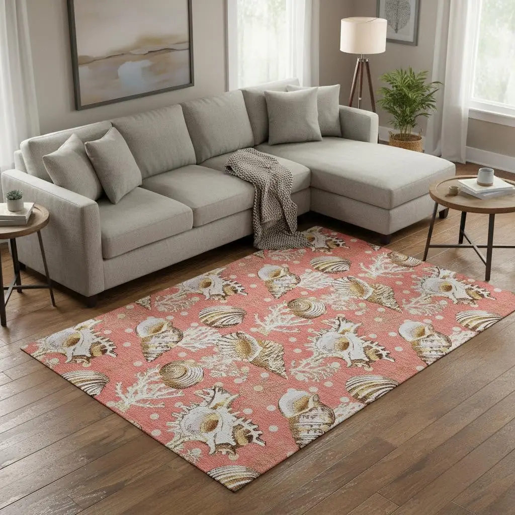HomeRoots Modern 9 x 12 ft. Peach, Ivory & Beige Geometric Coastal Area Rug - Machine-Made, Washable, UV-Protected, Stain-Resistant Rectangle Textile Rug, Modern Area Rug, Stain Resistant Rugs