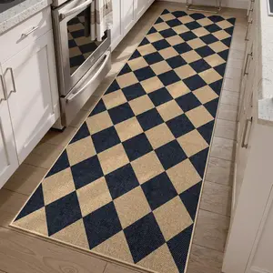 Checkered Easy Jute Kitchen Runner Rug, 2x8 Indoor Outdoor Runner Rugs for Hallway Entry, Black Non Slip Washable Area Rug, Checkerboard Nature Kitchen Runners for Laundry Entryway