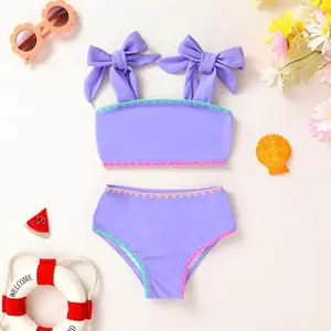Toddler Baby Girls Swimsuit Two Piece Solid Color Stripe Swimwear Summer Beach Bikini Bathing Suit