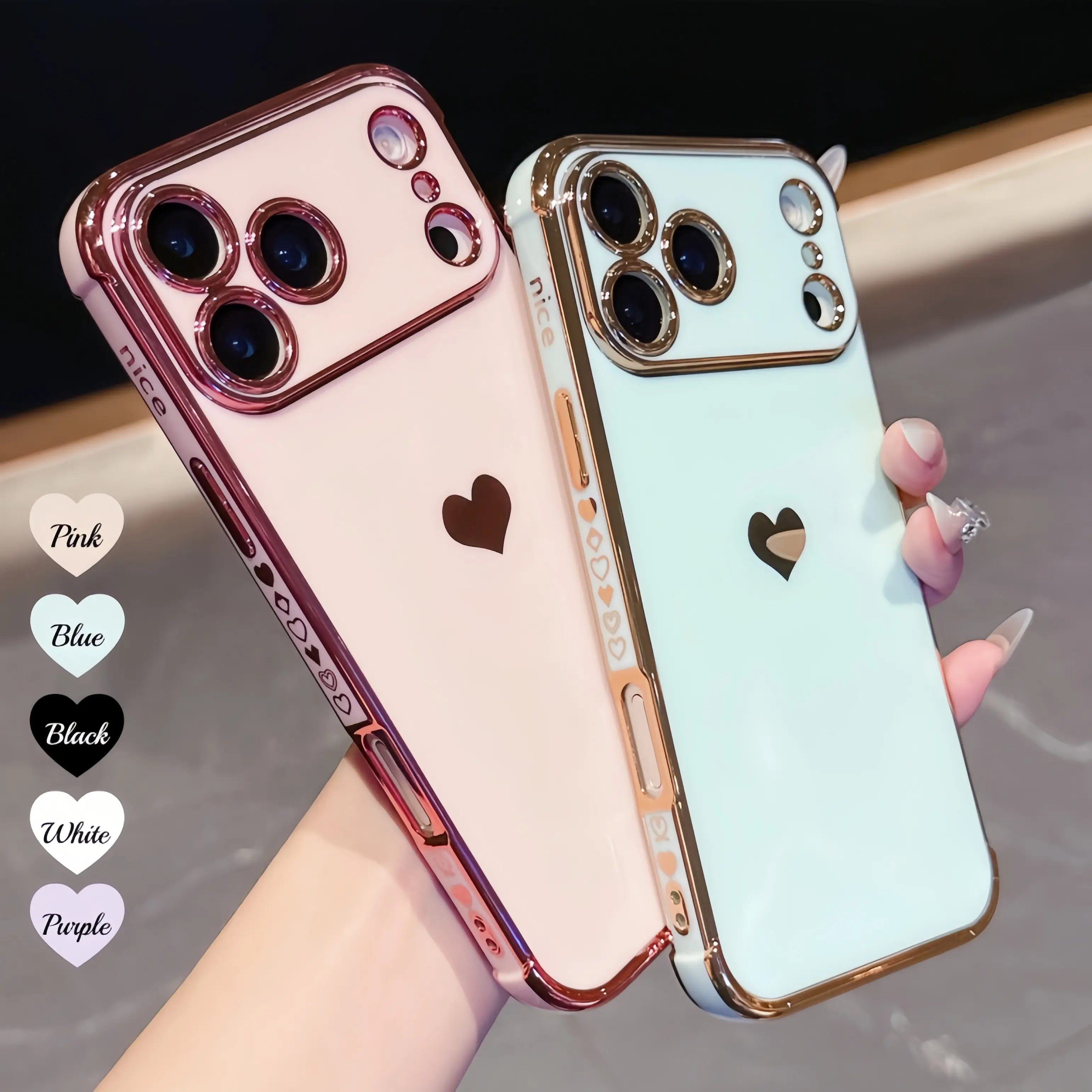 Luxury Plating Smartphone Casing with Cute Love Heart Side Patterns for iPhone 12-17, 14-17 Pro Max, 16 Air Pro Max - Full Camera Protection, Soft Silicone Shockproof Bumper Cover for Handheld Cellphone Devices
