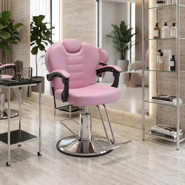 Barber Chair with Heavy Duty Hydraulic Pump, Salon Chair for Hair Stylist, 360° Swivel 90°-140° Backrest Reclining Chair, Portable Height Adjustable Hair Chair for Barbershop (PINK)