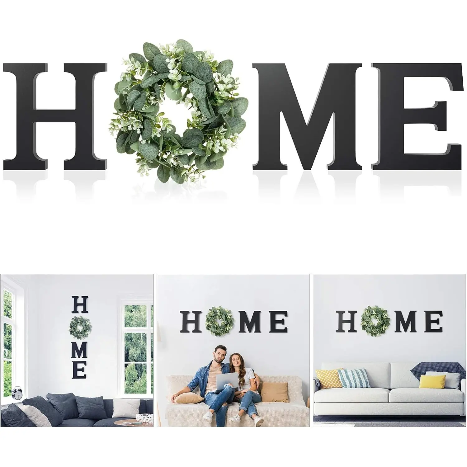 Black Wooden Letter with Wreath Wall Decor - 9.8L"x9.3W" Decorative Modern Farmhouse Sign, Flower Garland for Entryway, Kitchen, Housewarming Gift - Home Improvement, Living Room Decor, Home Sweet Home Sign
