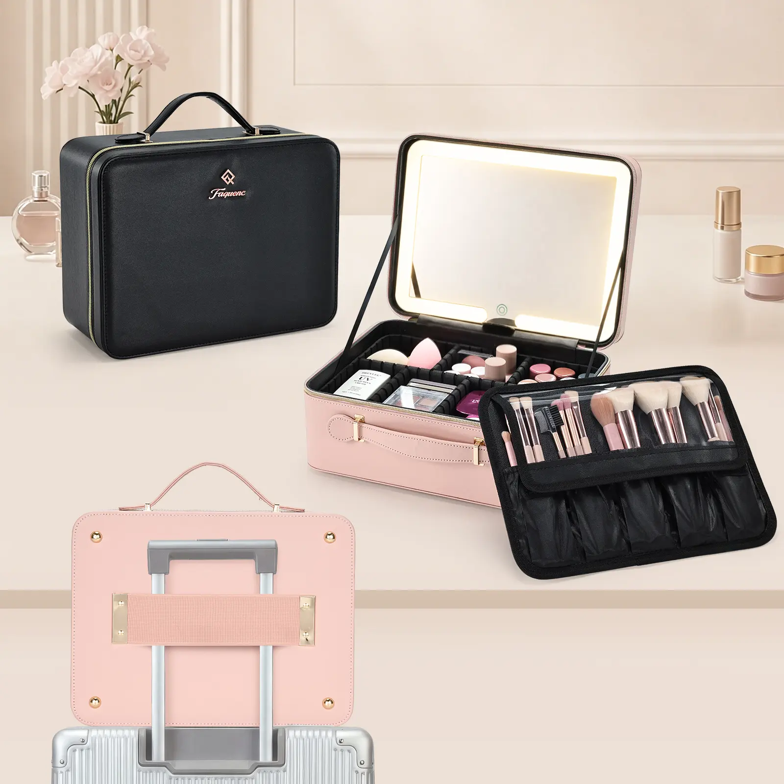 Portable Makeup Bag with LED Lighted Mirror Leather Cosmetic Train Case Travel Vanity Organizer Makeup Artist Storage Bag with Dividers Makeup Brush Holder