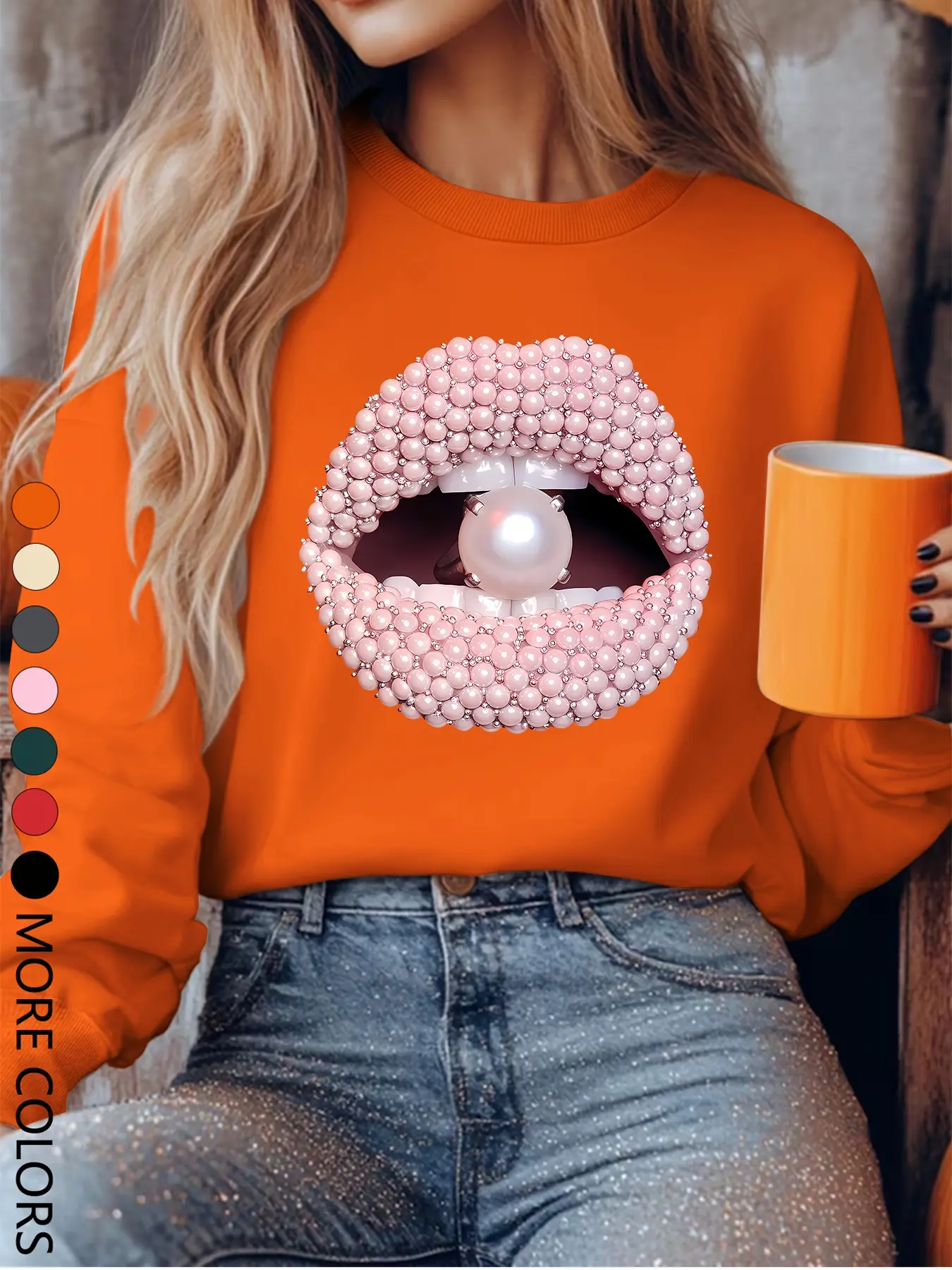 New Creative Simple Graphic Lip Print Letter Casual Everyday Fitted Pullover Long Sleeve Round Neck Funny Trendy Crewneck Sweatshirt Fabric Women Tops, Trendy Multi-Color Options, Womenswear