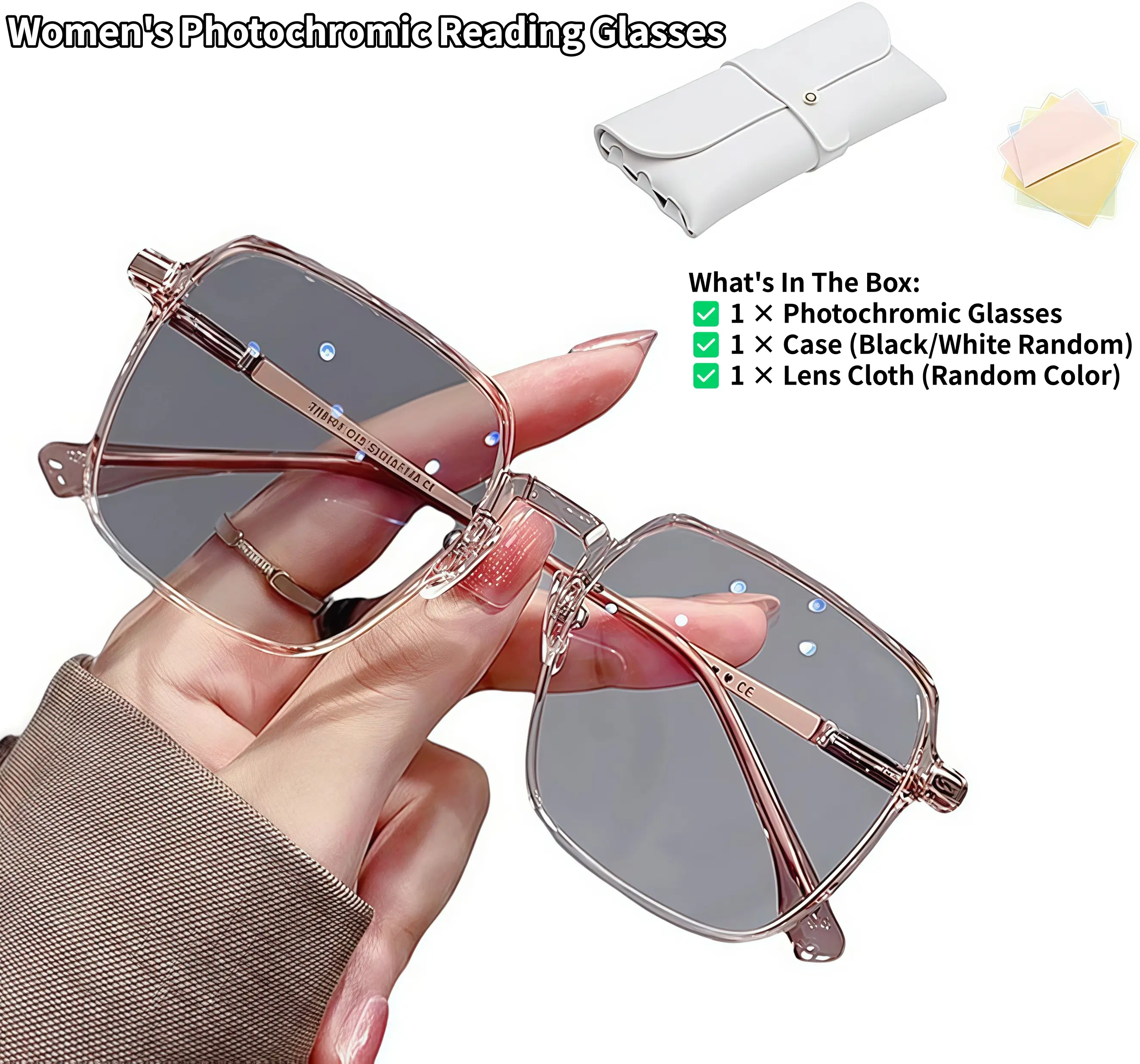 Women's Photochromic Progressive Multifocus Reading Glasses - No-Line Multifocal Readers with UV400 Anti-Blue Light, Transition Sunglasses for Indoor & Outdoor Use, Comes with Case + Cloth