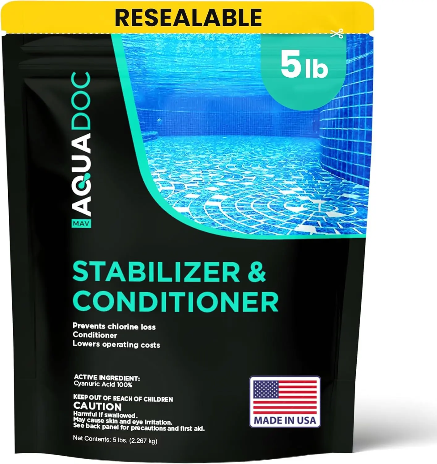 MAV AquaDoc Cyanuric Acid Stabilizer (5lb) - Pool Chlorine Conditioner, Made in USA for Maintenance, Sunlight & UV Rays Chemical Protection