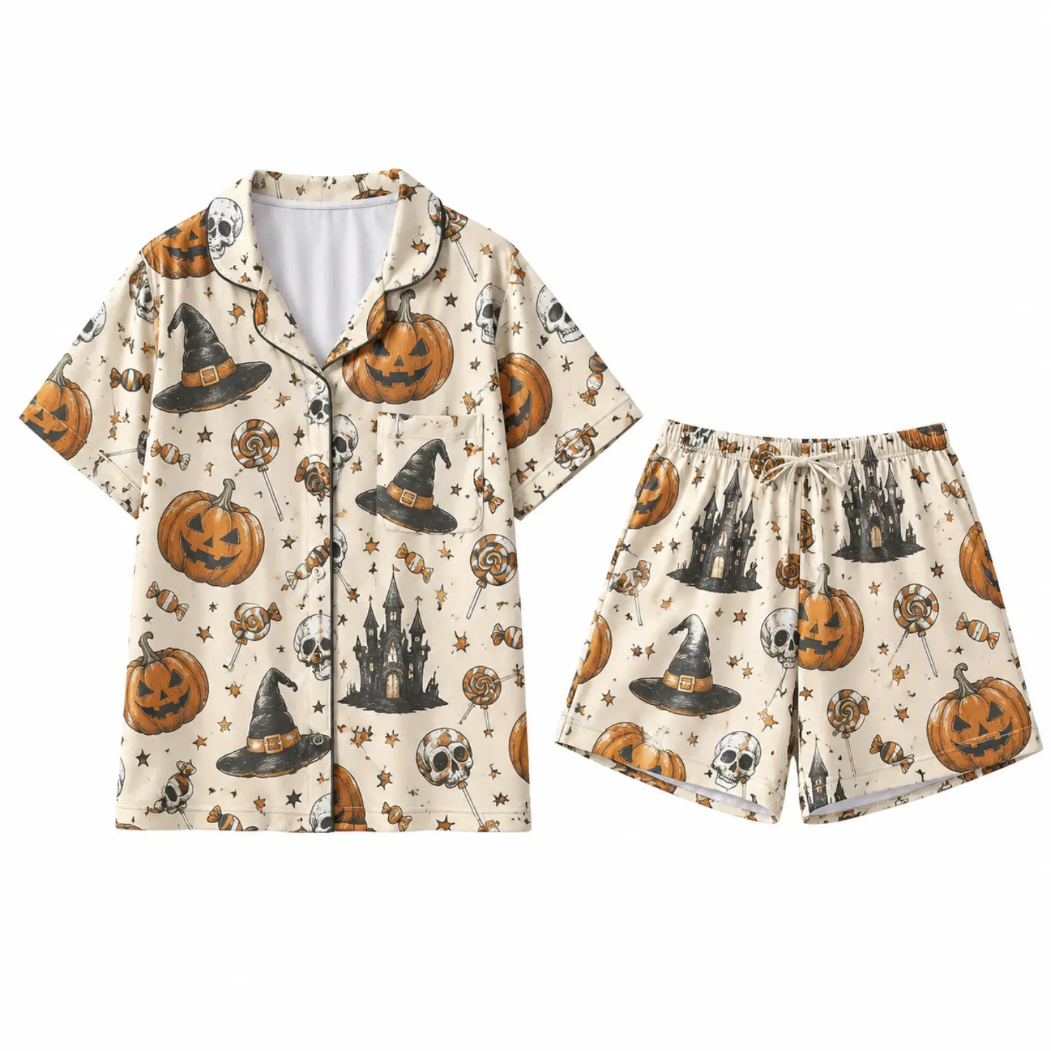 Women's Halloween Pajama Set, Pumpkin Skull Print Button-Front Short-Sleeve Top and Elastic-Waist Shorts