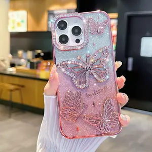 Butterfly Pattern Phone Case, Aesthetic Rhinestone Decor Phone Protective Cover, Phone Accessories Compatible with iPhone 16 15 14 13 12 11 Pro Max Plus, Casing, Protector