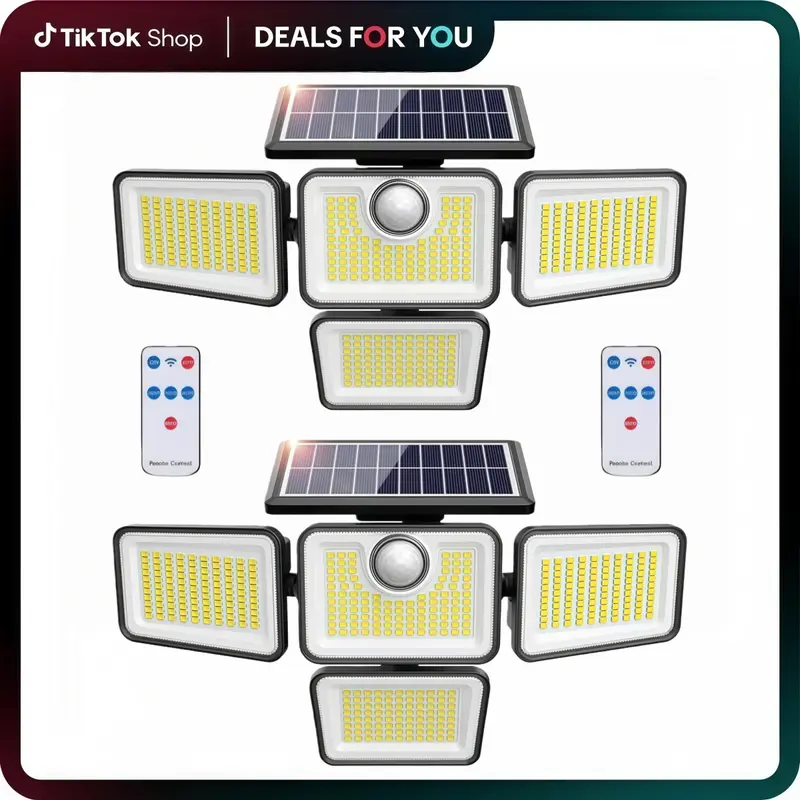 2 Packs LED Motion Sensor Solar Lights Outdoor IP65 Waterproof 3-Head Security Lights 2500-Lumen Floodlights Spotlights 270° Wide-Angle Lighting for Patios Garages and Gardens