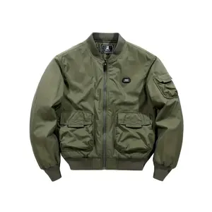 Casual Warm Bomber Jacket - Multi-Pocket Padded Jacket for Men - Green Coat Fabric with Collar, Zipper, and Sleeve Menswear Polyester Stretch Tops