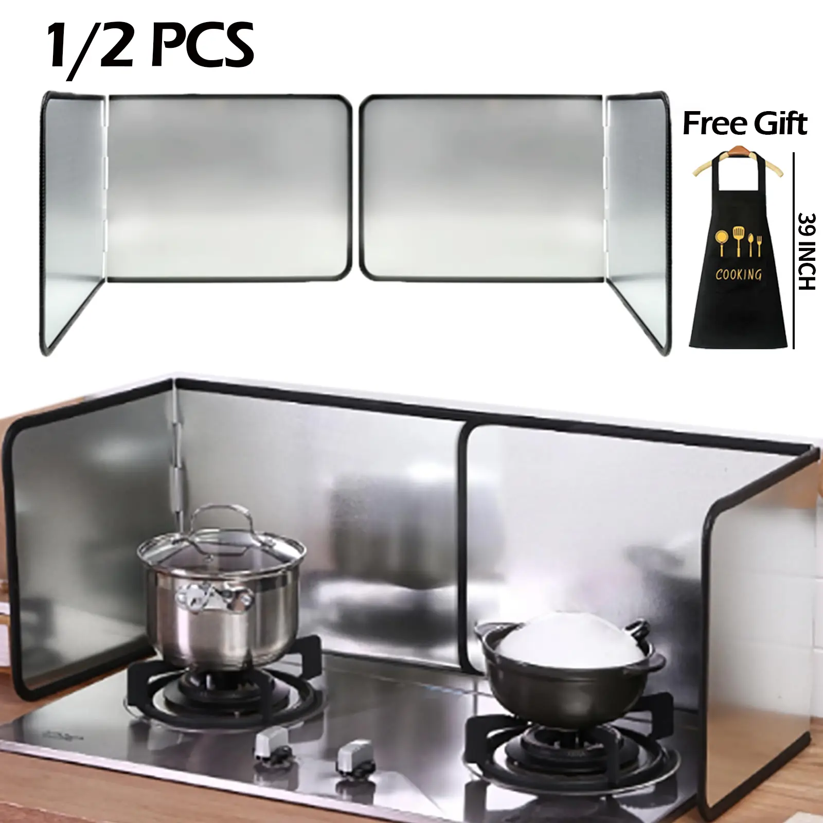 Stainless Steel Greaseproof Splash Guard & Apron Set (1 Pc Guard + Apron), Foldable Space-Saving Kitchen Utensils, Easy-to-Clean Sturdy Backsplash Protector for Gas/Electric Stoves, Oven