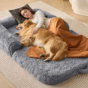 【Summervibes】VEVOR Human Dog Bed, 72" x48"x10" Giant Human Dog Bed for Adults and Pets, Human Size Dog Bed with Washable PV Velvet Cover, Egg Orthopedic Foam, Storage Pocket, for You and Pet, Grey