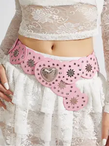 Boho Heart Pattern Belt, Statement Belts, Silver Color Rivet Waistband, Y2K Girl Fashion Accessory, Perfect for Dresses, Jeans, Coats, Parties, Gifts
