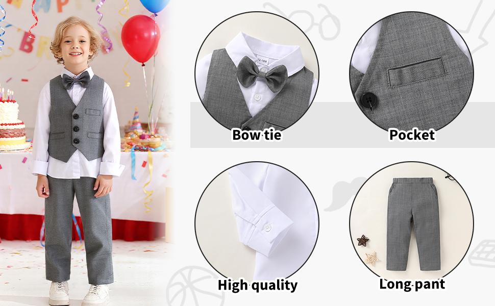 YOUNGER TREE Toddler Boys' 4-Piece Gentleman Suit, Long Sleeve Polyester Blend Blazer Set with Bow Tie, All Seasons Formal Wedding Outfits, Formal Wear,back to school, Set Pack