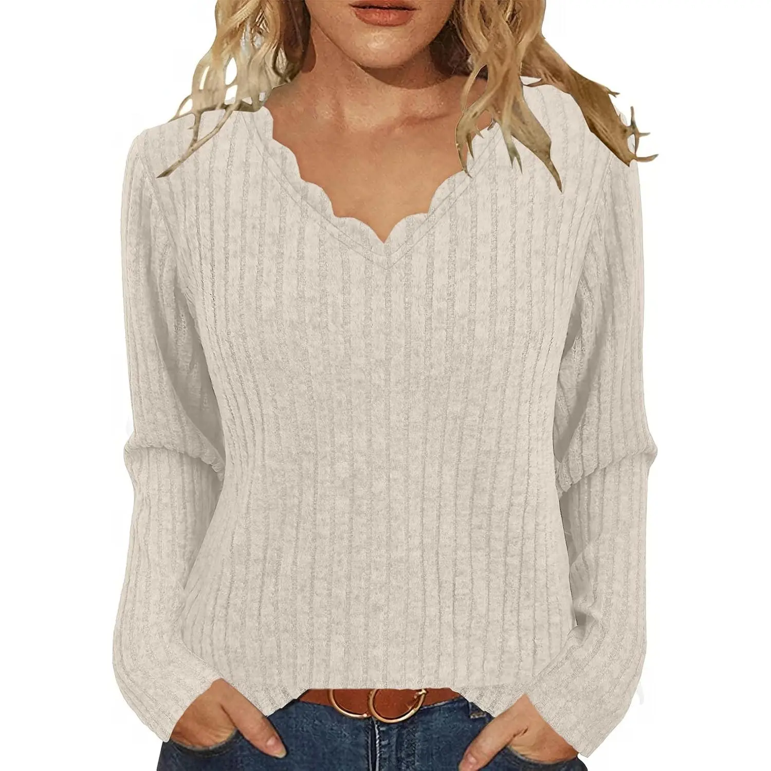 Women's Minimalist Feminine Fitted V-Neck Knit Pullover Sweater - Casual Long Sleeve Lightweight Tunic Top for Work, Coffee Dates, All-Seasons Vibe Womenswear, Basic Apricot Leggings Shirt