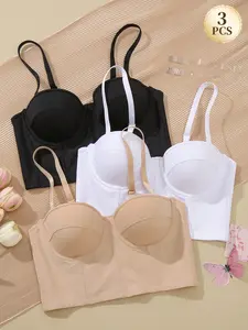 3-Pack Women's Underwire Bandeau Bras: Push-up shaping, Fit, outerwear-friendly, soft breathable skin-friendly solid fabric, widened sides, detachable adjustable straps + free clear straps. For wedding season, Valentine’s Day & daily wear, Everyday.