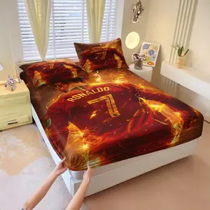 3Pcs Dynamic Soccer Player Fitted Sheet Set, Features 'RONALDO 7' in Bold Yellow with Fiery Flames & Electric Streaks Design, Perfect for Sports Fans & Youth Bedrooms, Energize Your Sleep Space!, Lncludes 1 Fitted Sheet, With 2 Coreless Pillowcases