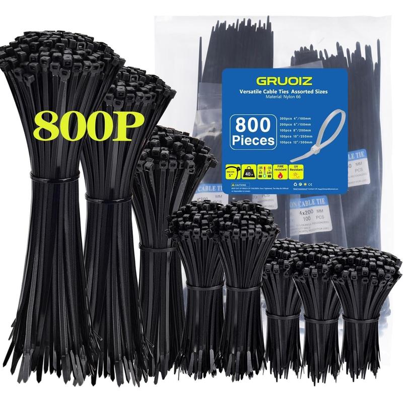 800 Pack Zip Ties Assorted Sizes 4+6+8+10+12 Inch Cable Ties 50lbs Tensile Strength Black Cable Zip Tie Heavy Duty Plastic Tie Wrap Assortment Cord Management for Home,Office,Workshop,Gardening