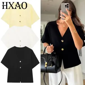 HXAO Knit Cardigan Woman Summer 2025 Women's Sweater Elegant White Yellow Black Cardigan Outerwear Button Short Sleeve Knitwear