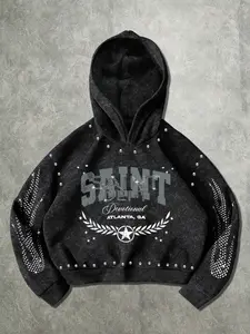 Men's Winter Hooded Sweatshirt, Drop Shoulder Hoodie, Comfortable Skin-Friendly Fabric, Saint Letter Rivet Design, Gothic Style, Casual Daily Wear