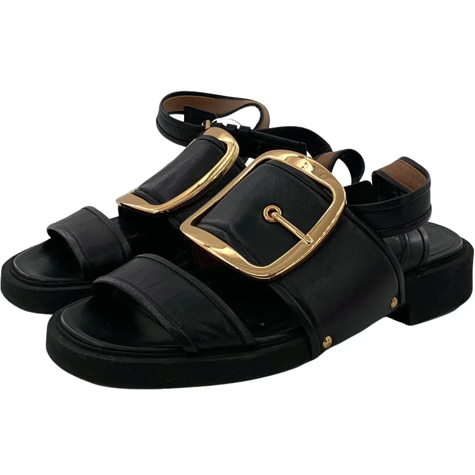 RDLT-Givenchy Size 37 Black Leather Square Buckle Flat Sandals-J27440