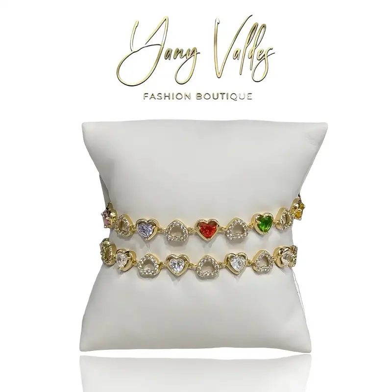 Heart bracelet multicolor or clear gold tone adjustable double clasp