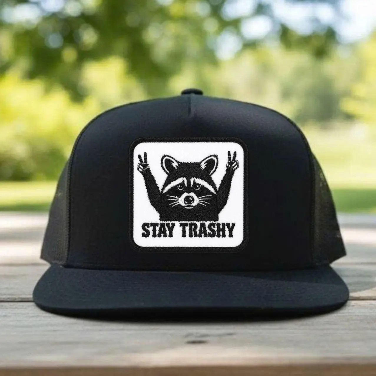 Stay Trashy Raccoon Embroidered Trucker Hat | Funny Raccoon Mesh Snapback Cap | Cute Trash Panda Hat for Men & Women and Adjustable Fit for Men and Women