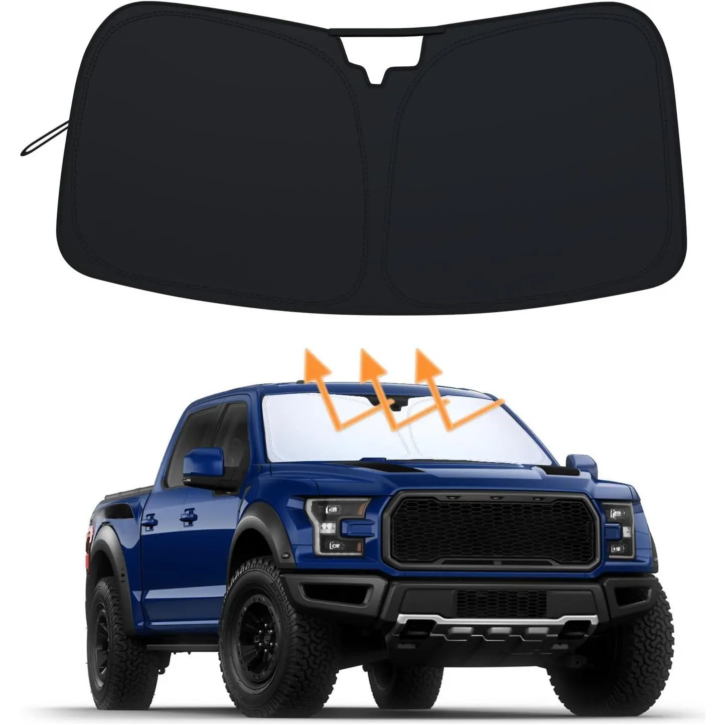 Foldable Windshield Sunshade for Ford F-150 2015-2020, Premium 310T Reflective Polyester with Reinforced Edges, Precision Fit UV & Heat Blocker, Truck Interior Cooler with 13-in Circle Storage Pouch
