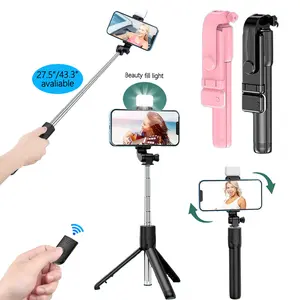 Portable Wireless Selfie Stick with LED Fill Light Extendable Tripod Stand with Detachable Bluetooth Remote 3 in 1 Mobile Phone Holder Compatible with iPhone Android Samsung for TK Vlog Live Streaming Bracket