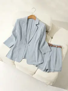 Women's 2-Piece Set Suits Blazer Jacket & Wide-Leg Shorts, Slim-Fitting Waist Cinching Design, Stylish Casual for Women