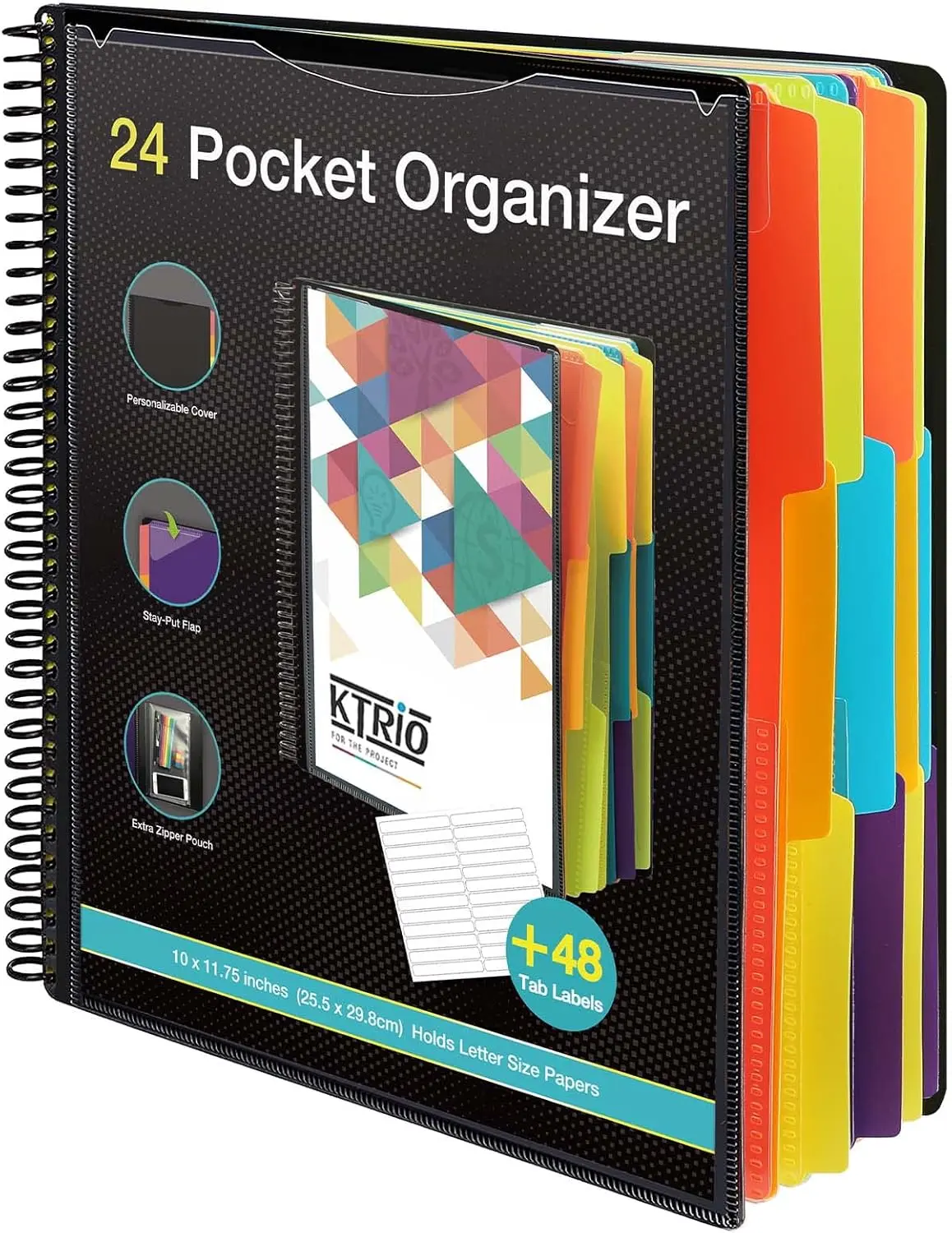 KTRIO New 24-Pocket Polypropylene Project Organizer - Spiral Binder with 6 Dividers (Color Tabs), Adhesive Labels, Zip Back Cover Utility Pouch, Custom Cover, Letter Size Office Stationery for Enhanced File Retrieval (With Pockets Binders Category)
