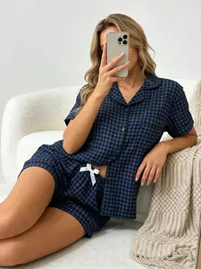 Women's Short Sleeve Button Down Top and Shorts Pajama Set, Spring Summer Wear, For Retro British Style Girls, Blue Black Gingham Plaid Print, Classic Lapel Collar, Loose Fit, Comfortable For Home & Short Trips