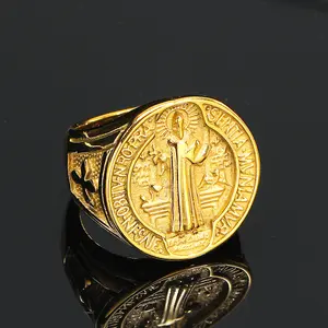 Titanium Steel Catholic Patron Saint St Benedict of Nursia Holy Medal Cross Round Finger Rings for Men Punk