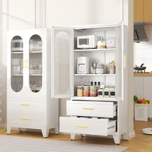 Floor Standing Office Cabinet，Acrylic Glass Storage Display Case with Doors and 2 Adjustable Shelves, Kitchen Pantry Cabinet with 2 Drawers for Home Office