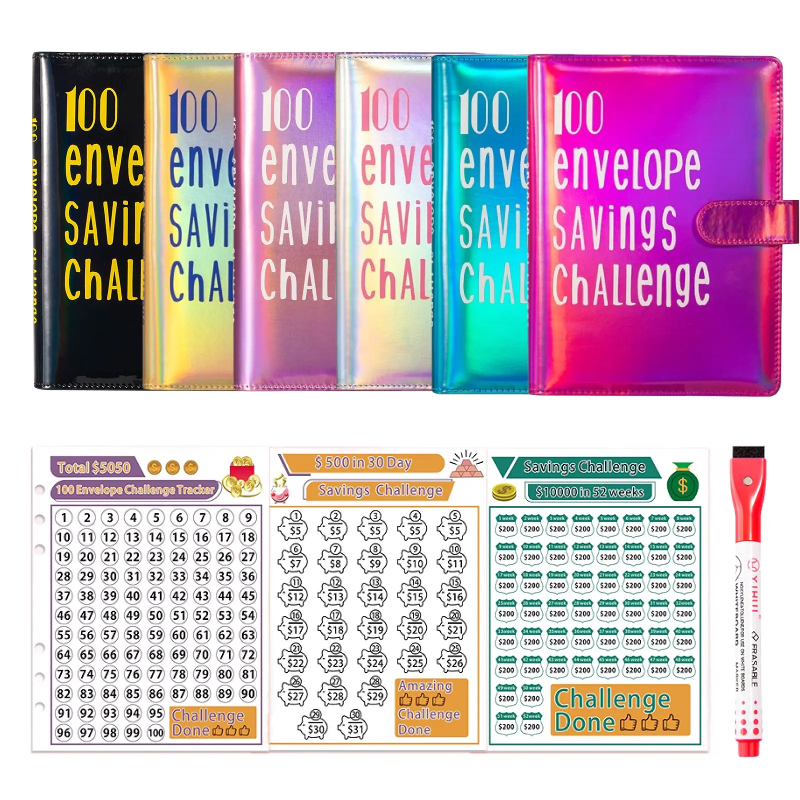 Upgraded Sparkling Color Savings Binder with 100 Cash Envelopes - 100 Day Challenge Envelope Tracking System, Easy Fun Tool for $5,050 Savings, Fosters Goal Setting on Financial Journey (Home & Office Use)
