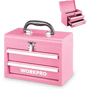 Mini Tool Box, 2 Drawers Tool Chest with Ball Bearing Slides, Top with Latch, Ergonomic Handle, Toolbox with PVC Liners and PP Feet Pads - Pink Ribbon