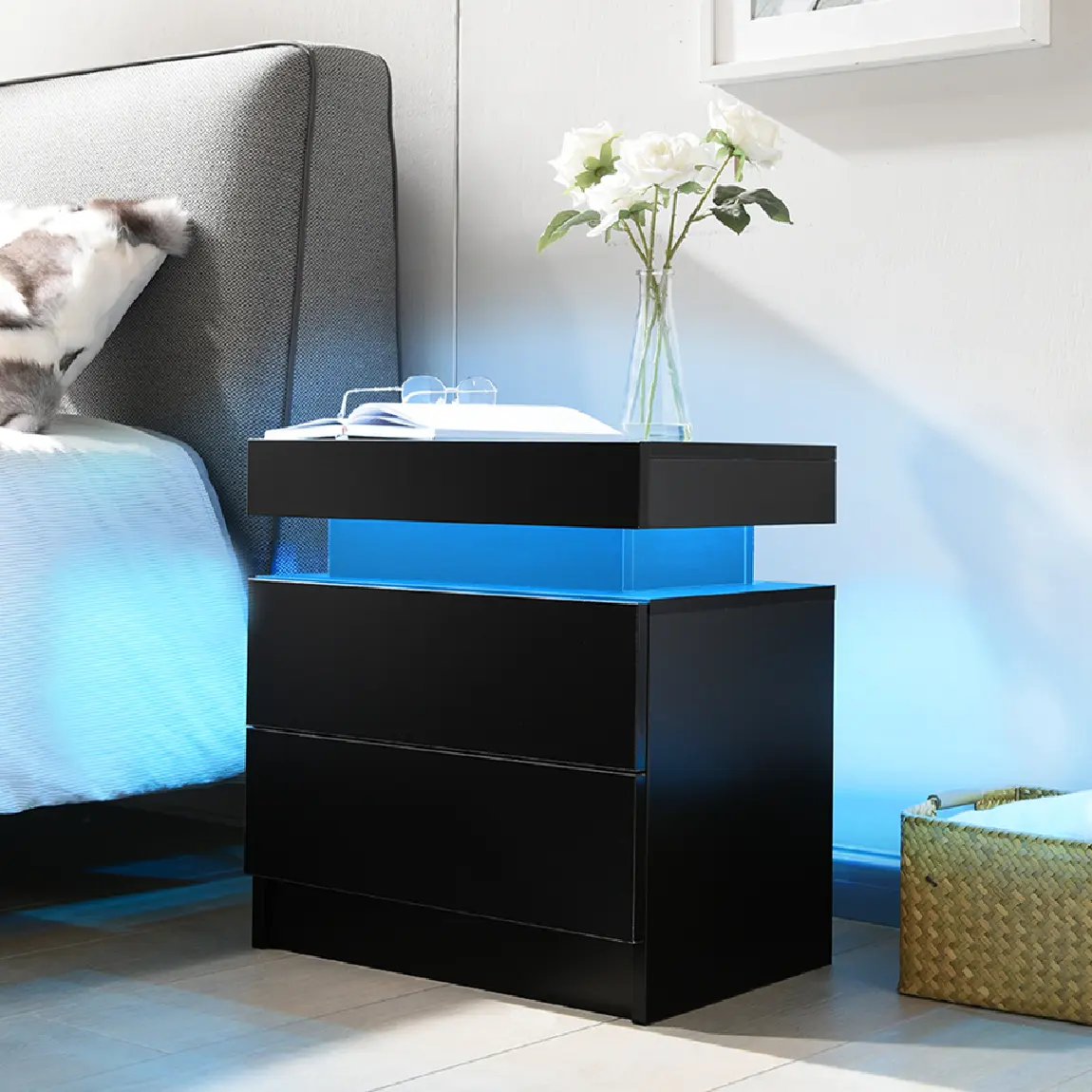 Modern Black LED Nightstand with 2 Drawers - Adjustable Bedside Table, Bedside Cabinet, Flip-Top Hidden Storage, High Gloss End Side Table for Living Room, Bedroom Furniture