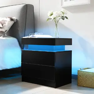 LED Nightstand with 2 Drawers, Modern Black Bedside Table with Flip-Top Hidden Storage Space, High Gloss Night Stand End Side Table for Living Room Bedroom Furniture