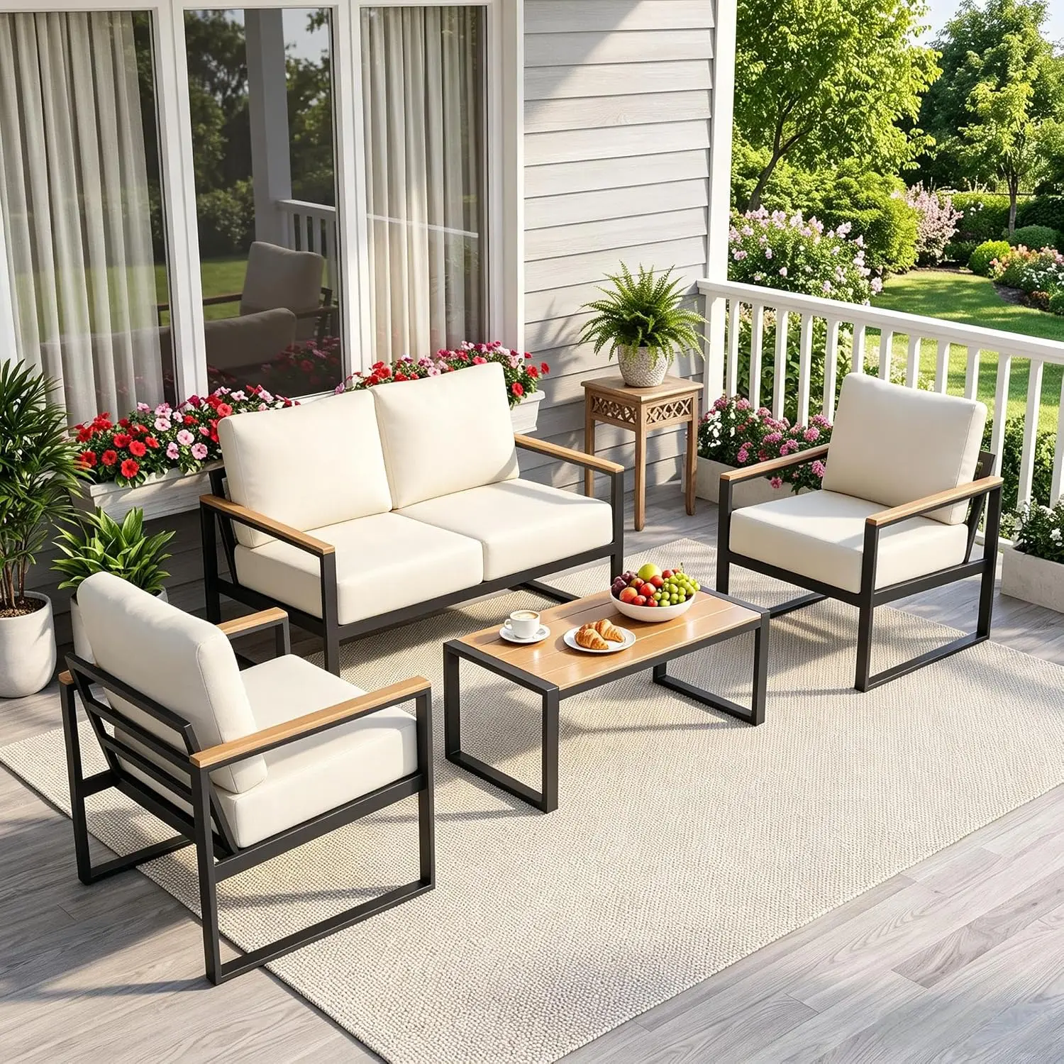 Aoxun 4-Piece Modern Wicker Frame Patio Conversation Set with Beige Coffee Table, High-Resiliency Washable Sponge Cushions, Ideal Outdoor Furniture for Backyard, Porch