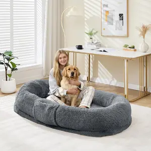 Oversized Human & Pet Shared Bed, Plush Fleece Cozy Nest with Elevated Headrest, Waterproof Lining & Non-Slip Bottom, Large Pet-Friendly Human Bed for Adults & Dogs/Cats
