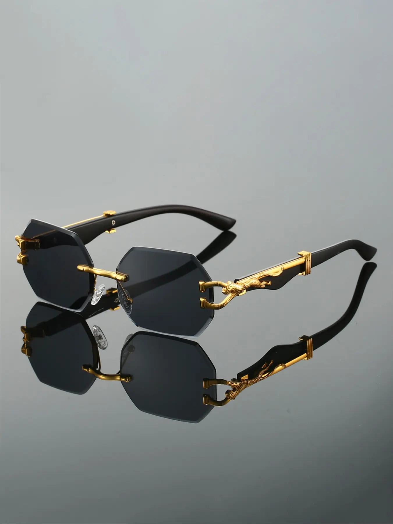 Men's New Frameless Irregular Glasses, Vintage Fashion Leopard Head Decoration, Stylish Retro Luxury Eyewear, Unique Design, Trendy Fashion Shades