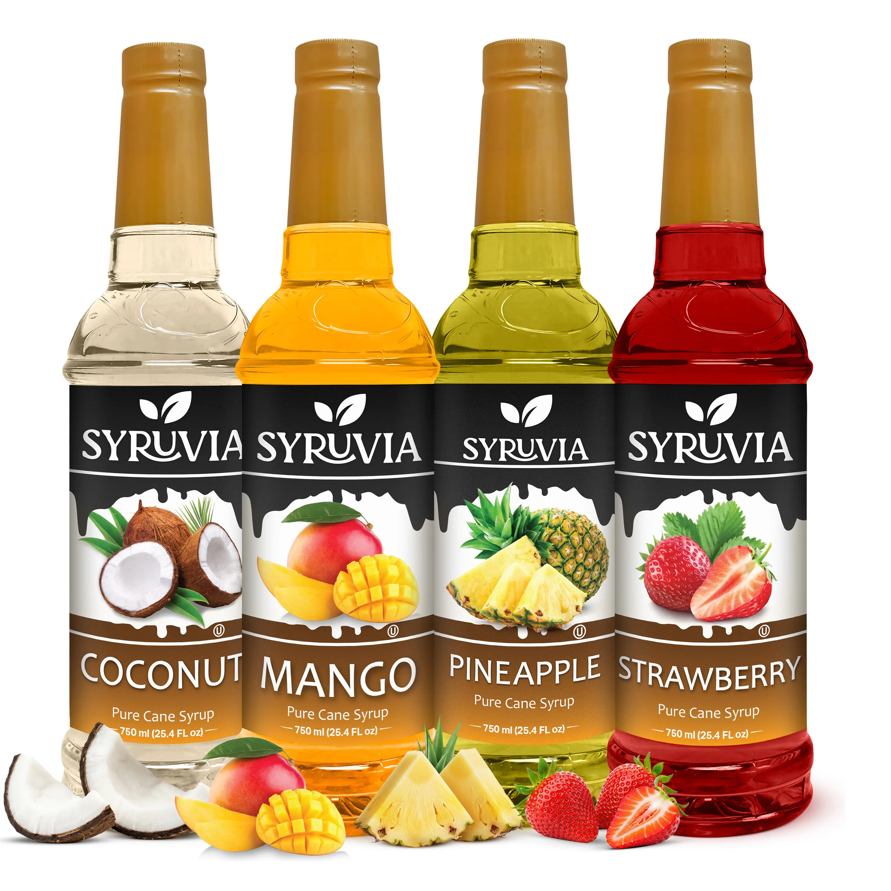 Syruvia Gluten-Free Cane Sugar Fruit Mix Syrups Variety Pack - Coconut, Mango, Pineapple, Strawberry Flavors - 4 x 25.4 fl oz Plastic Bottles for Cocktails, Lemonade