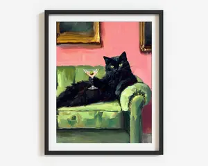 Vintage Black Cat Art Martini Bar Cart Decor Cocktail Bar Decor Pet Cat Oil Painting Black Cat Print Retro Eclectic Wall Art Cute Cat Poster