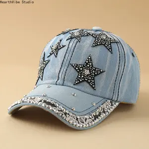 Women's Pearl-Denim Baseball Hat with Rhinestone Accents, Unisex-Compatible Spring-Summer Sports Cap, Sun Protection Hats for Women