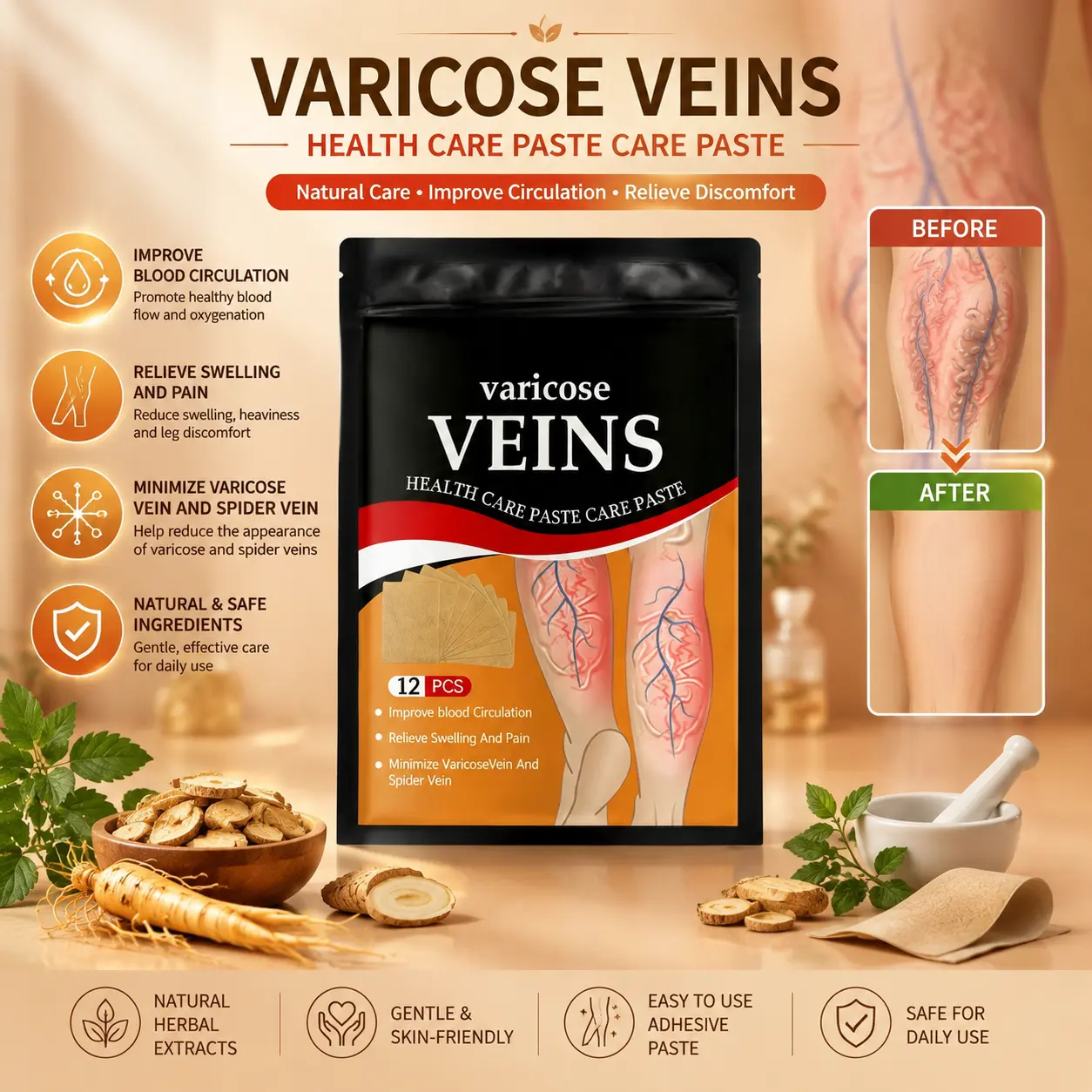 Varicose Vein Care -12pcs, Leg Pain ReliefPatch for Varicose Veins, Blood Clots,Protrusion Cold Compress Venous Health,Herbal Skin Care for Legs & Feet Healing Wellness, Therapy